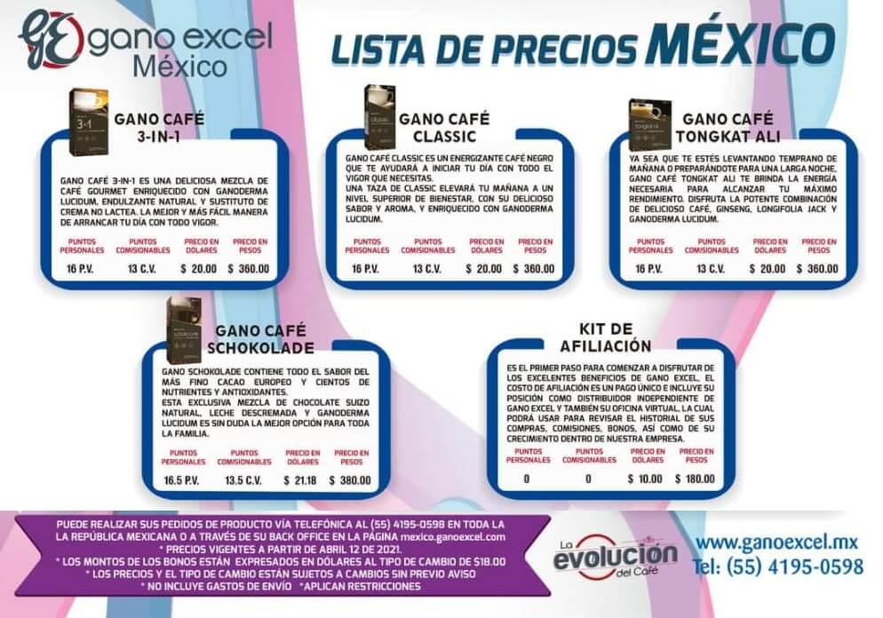 Precios Gano Excel Mexico